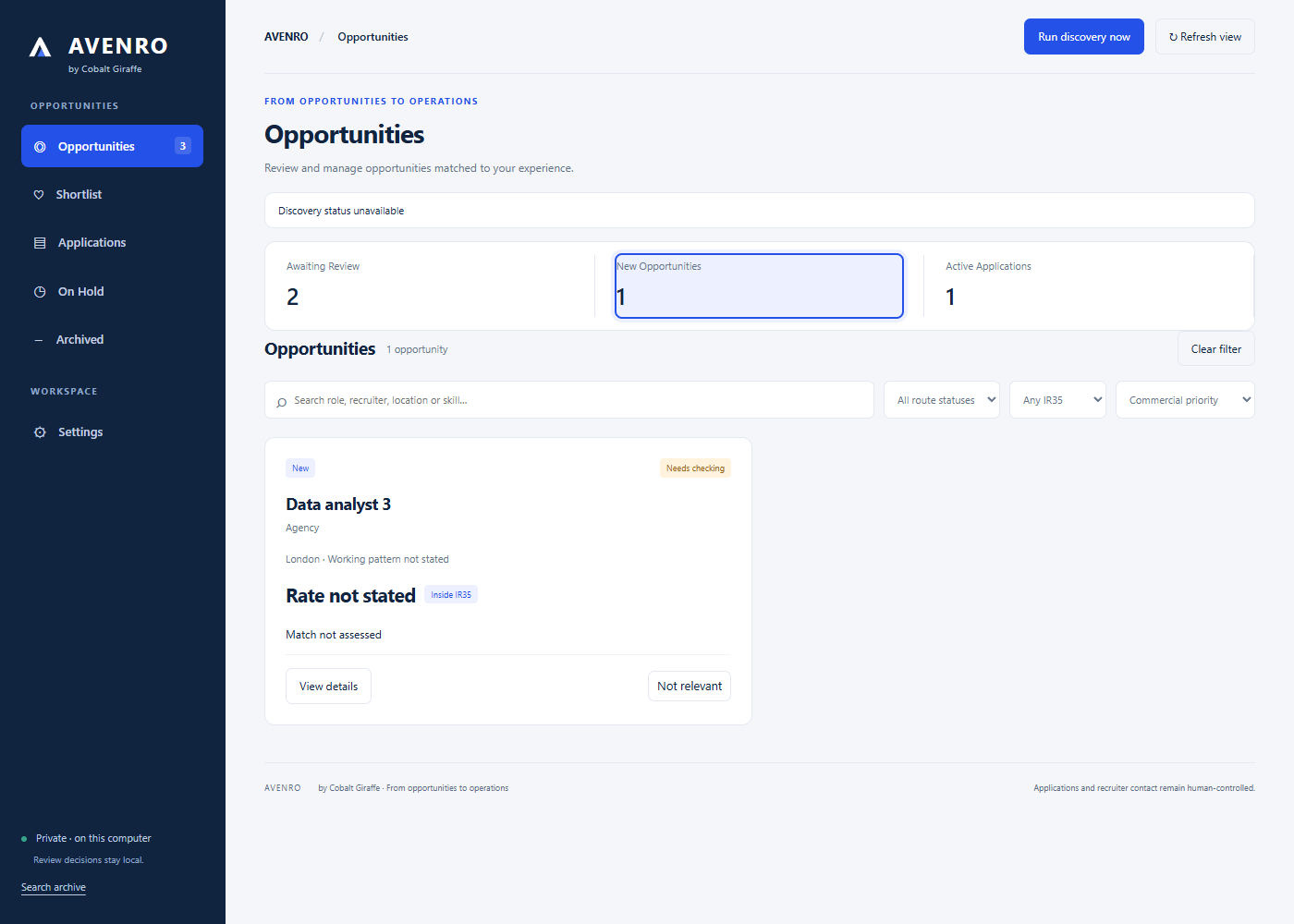 Avenro dashboard showing interactive review KPIs and an opportunity card