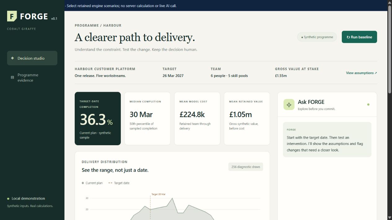 FORGE scenario studio showing delivery probability, cost and comparison charts